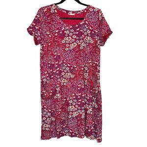 J Jill Floral Short Sleeve Jersey Dress Patch Pockets  – Pink / Magenta – Medium